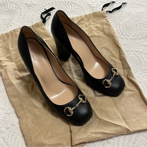 GUCCI Horsebit Miro Soft Leather Block Heel Pump Black Calfskin Size 39.5 - Picture 2 of 11